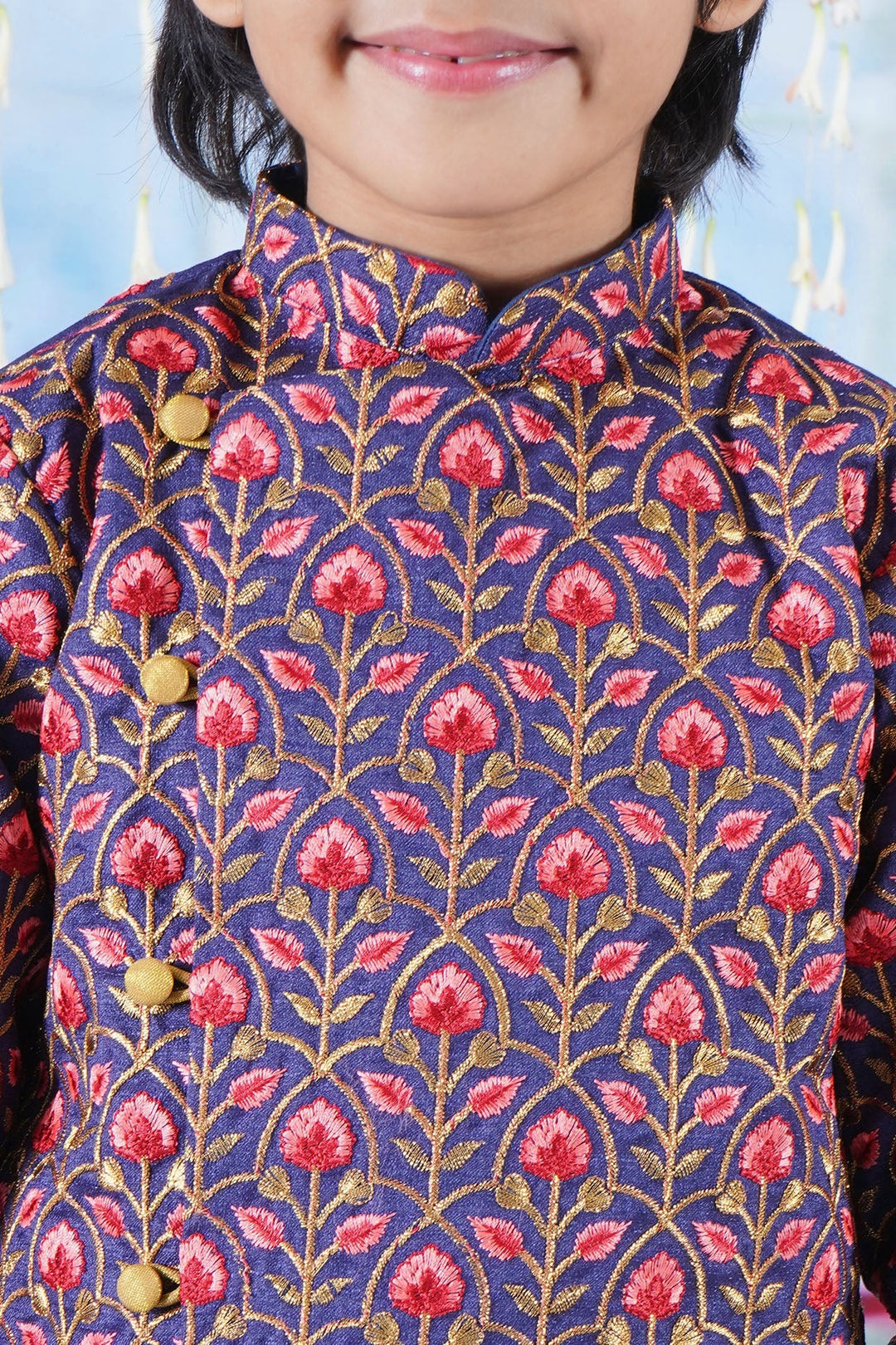 Boys Bageecha Floral Thread work Angrakha Sherwani with Beige Silk Dhoti  | SHOBITAM