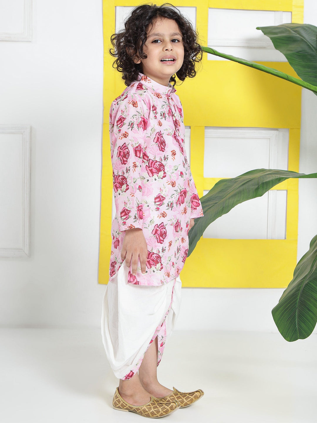 Blush Pink Rose Muslin Kurta with Cotton Dhoti | SHOBITAM