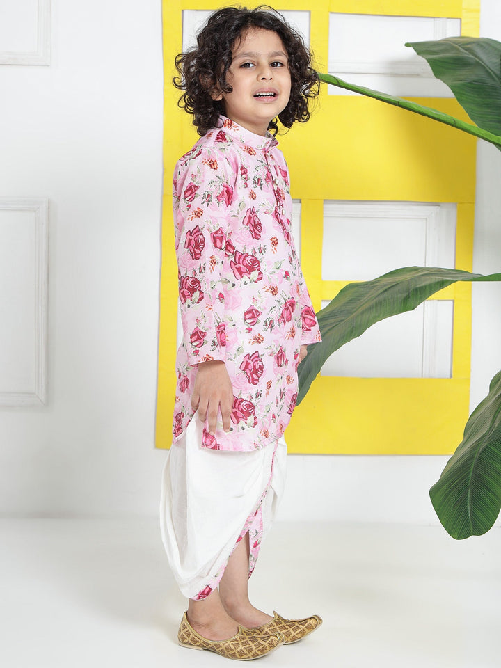 Blush Pink Rose Muslin Kurta with Cotton Dhoti | SHOBITAM