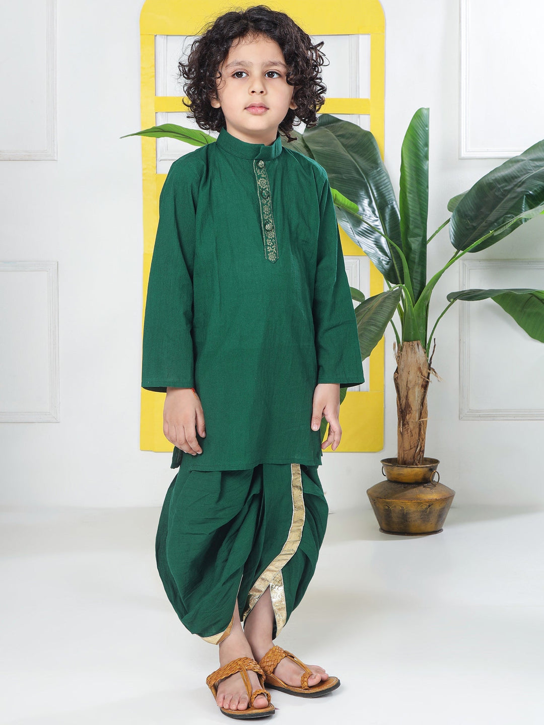 Green Minimal Zari Embroidery Cotton Kurta Dhoti set | SHOBITAM