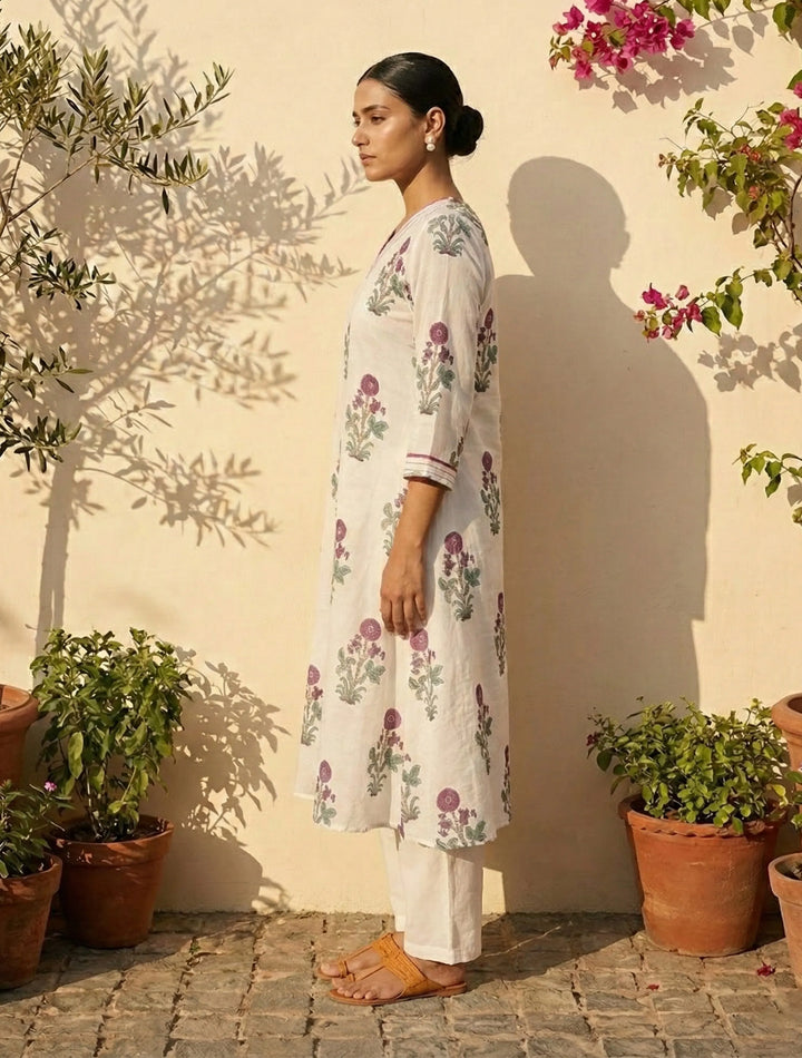 White Purple Print V-Neck Kurta Pant Dupatta Set | SHOBITAM
