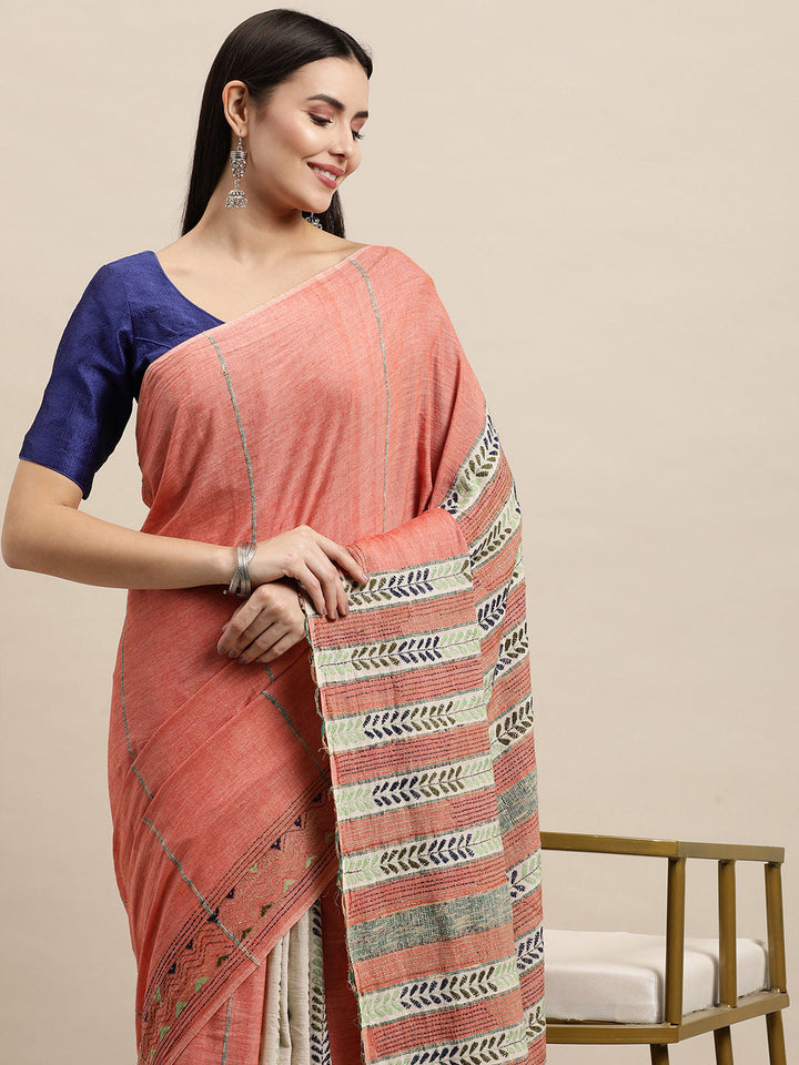 Peach Khesh Kantha Cotton Saree | SHOBITAM