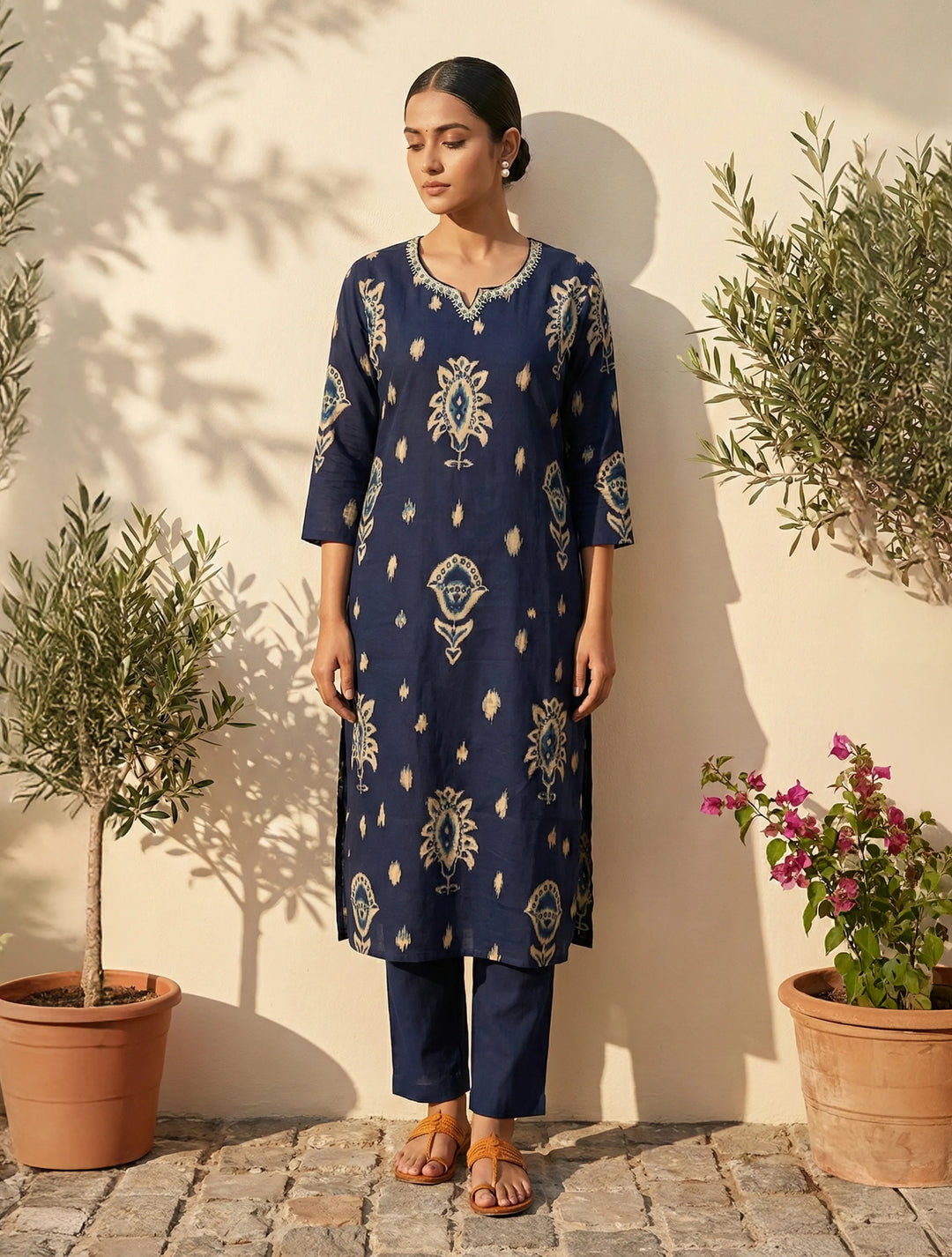 Blue Print Embroidered Round With V-Neck Kurta Pant Dupatta Set | SHOBITAM
