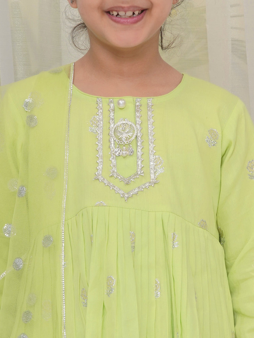 Girls Cotton Three Fourth Sleeves Frock Style Kurta with Sharara and Net Dupatta with Rose & Petal Design Zari work -Green | SHOBITAM