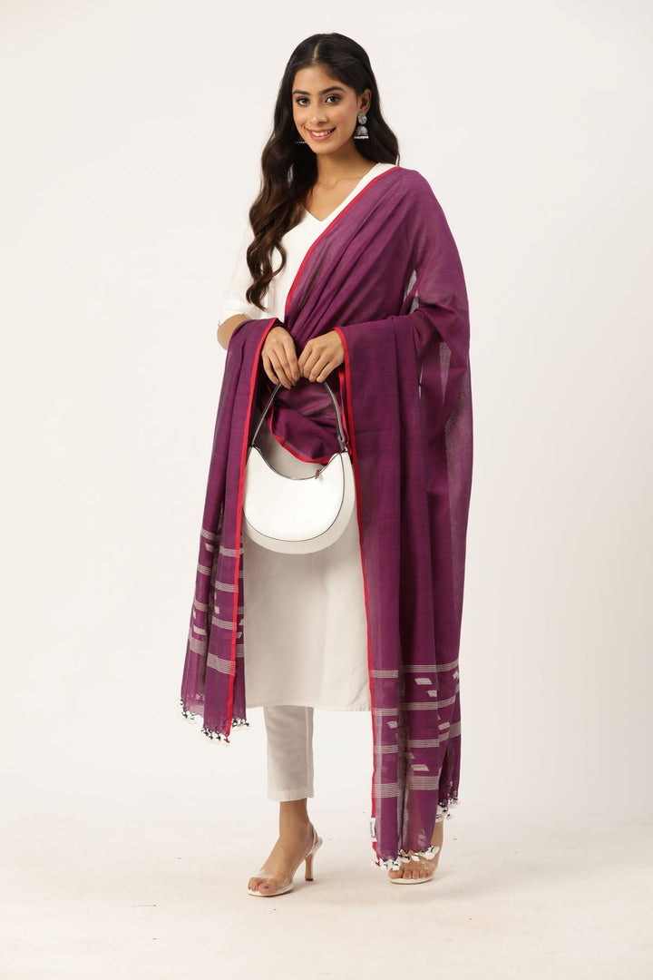 Handwoven Jamdani Mul Cotton Dupatta with tassels | SHOBITAM