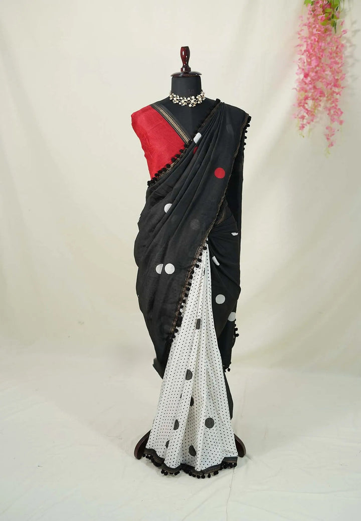 Chanderi Cotton Saree Half and Half Design with Pompoms | SHOBITAM
