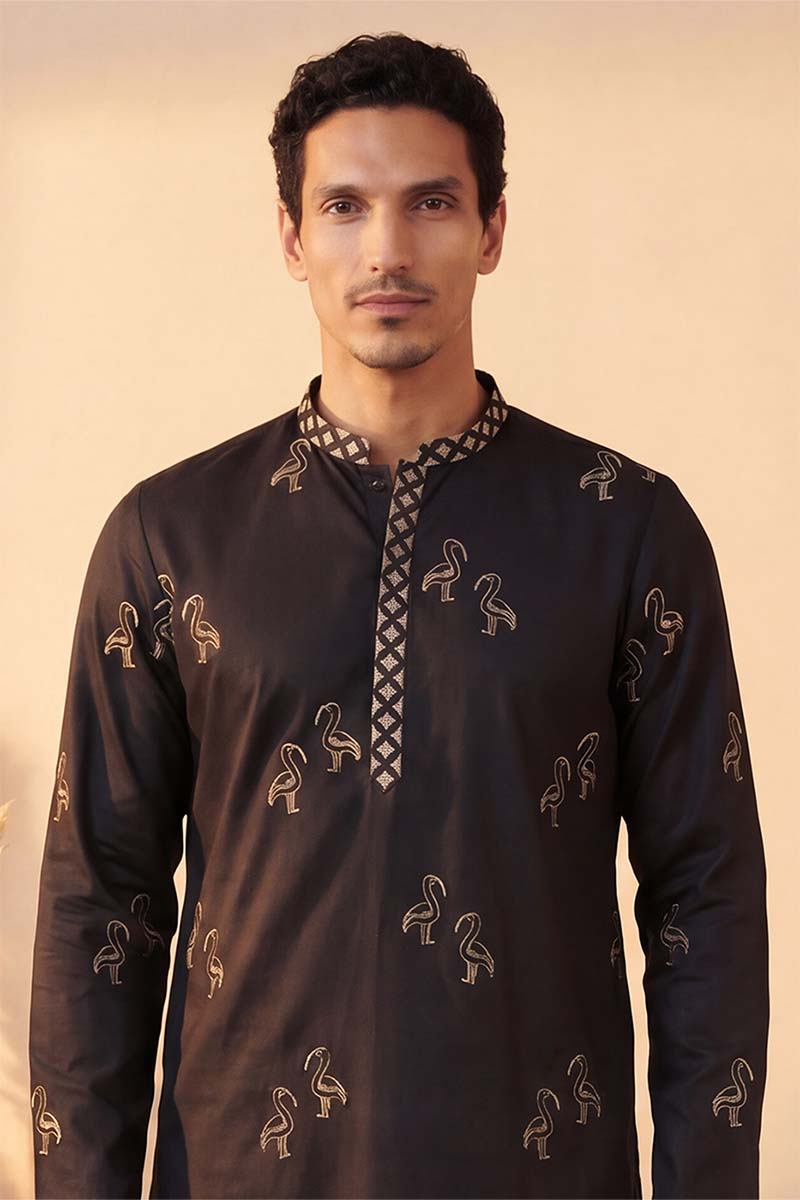Mens Black Silk Blend Solid Embroidered Kurta With Trousers | SHOBITAM