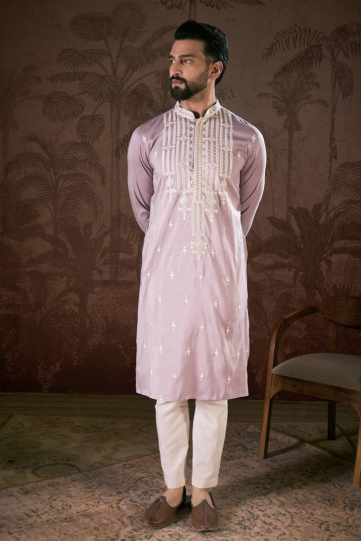 Lavender Silk Blend Solid Embroidered Straight Kurta | SHOBITAM