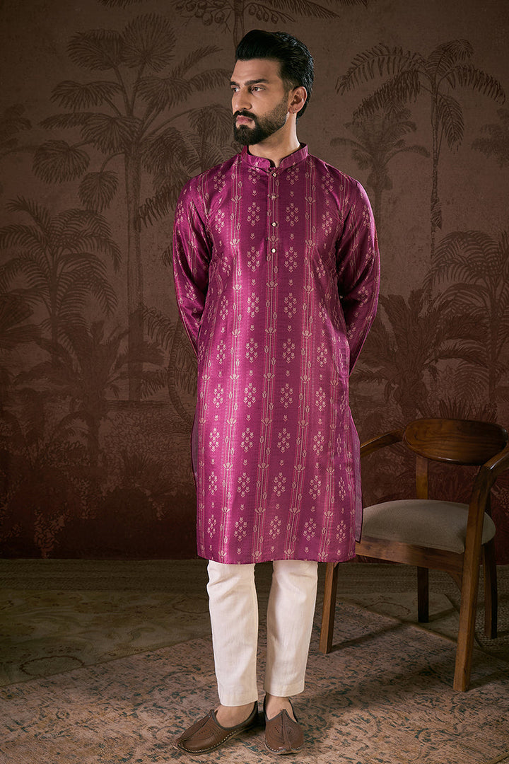Purple Silk Blend Floral Printed Straight Kurta For Men | SHOBITAM