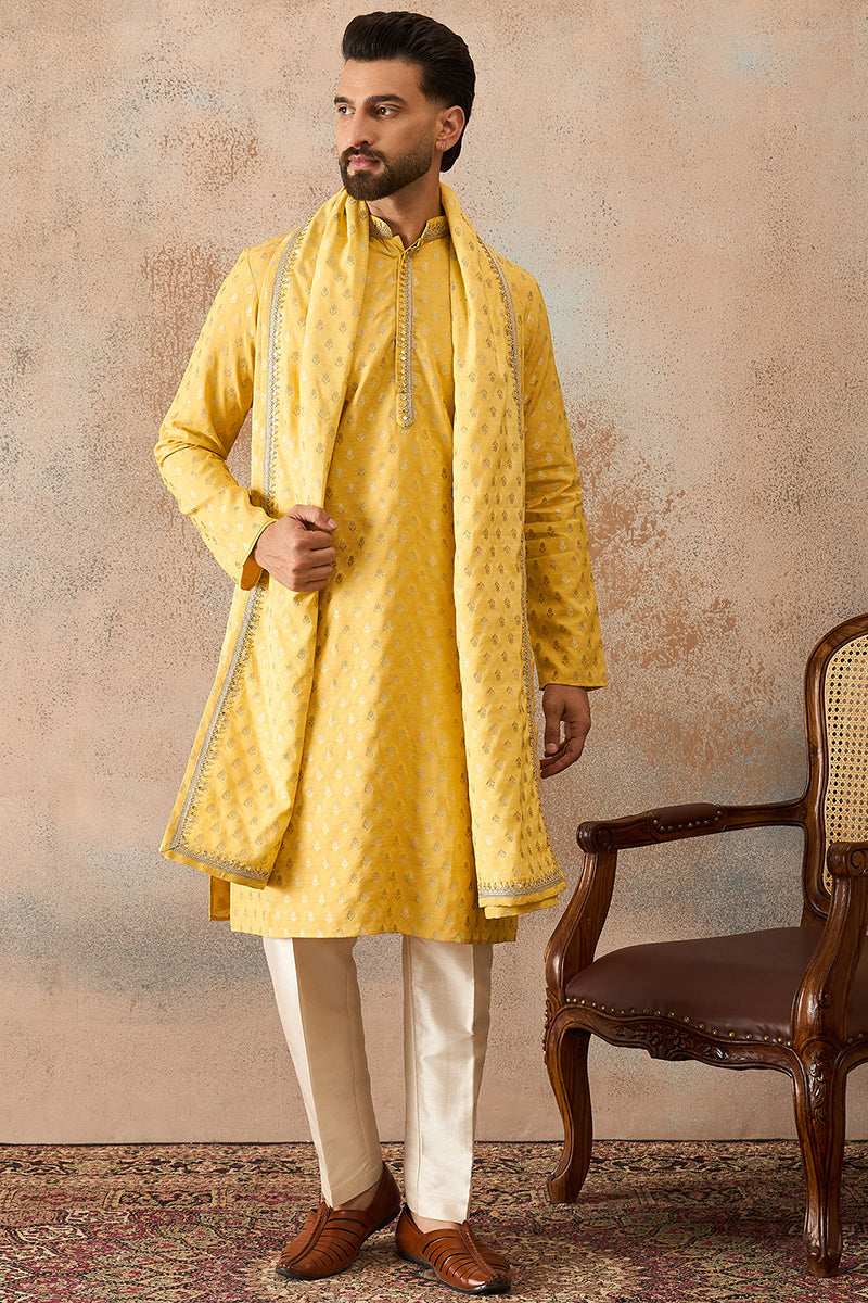 Men Yellow Jacquard Woven Design Floral Straight Kurta Sets | SHOBITAM