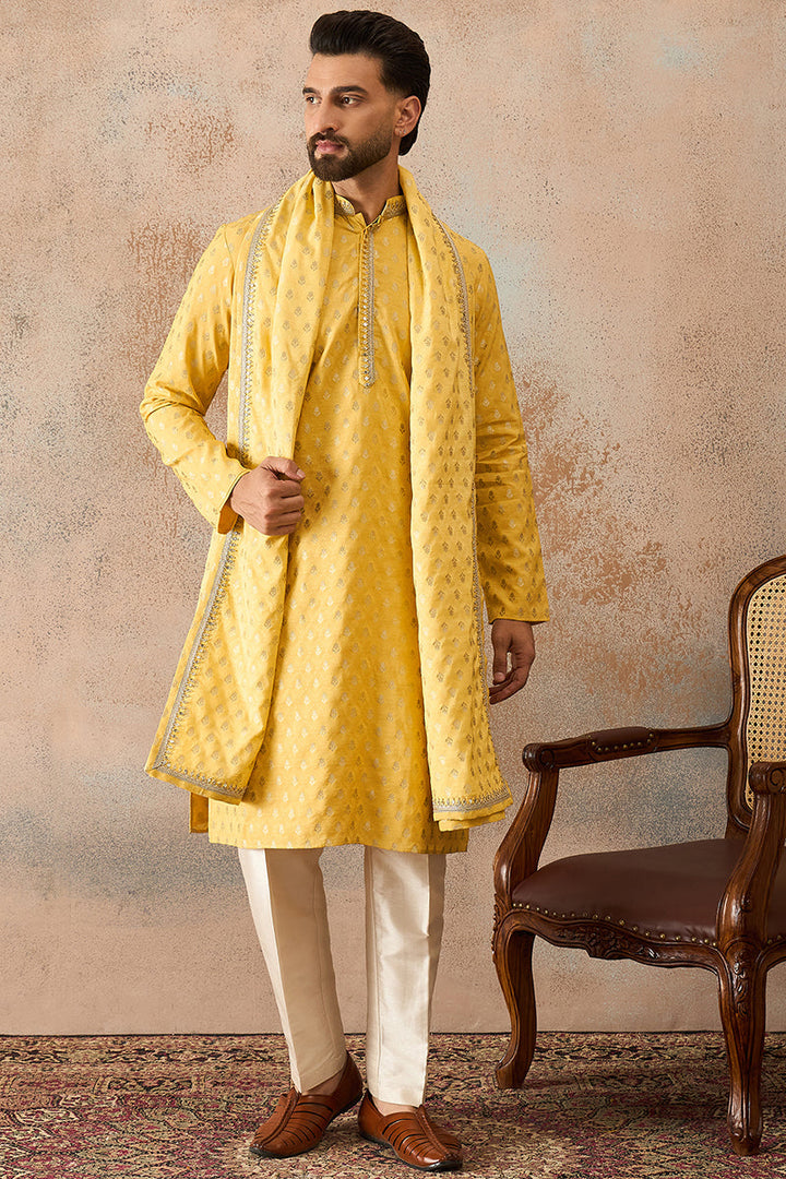 Men Yellow Jacquard Woven Design Floral Straight Kurta Sets | SHOBITAM