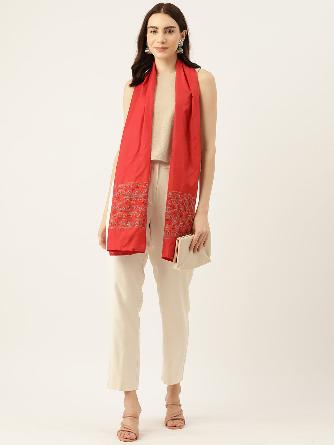 Red Jamdani Handcrafted Kantha Art Silk Stole
