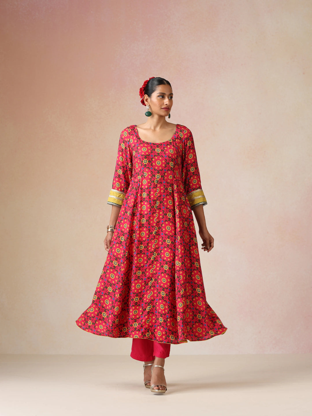 Pink Green Floral Print Viscose Anarkali Kurta Pants Dupatta Set | SHOBITAM