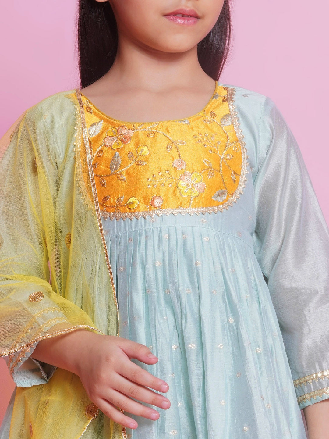 Girls Chanderi Semi-Silk Sleeveless Floral Embrodiery Kurta Frock with Sharara and Dupatta - Dolphin Green | SHOBITAM