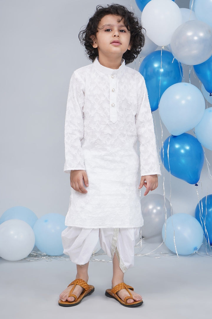 Boys Cotton Full Sleeves Self Weaving Kurta with Dhoti and Pearl Buttons - White | SHOBITAM