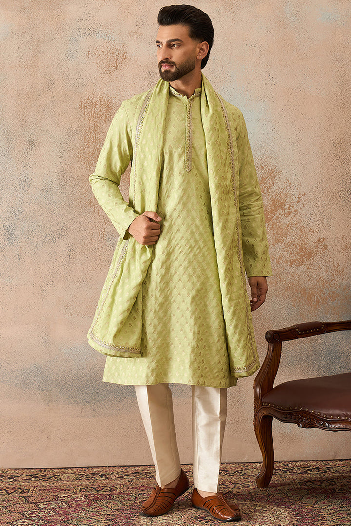 Men Green Jacquard Woven Design Floral Straight Kurta Sets  | SHOBITAM