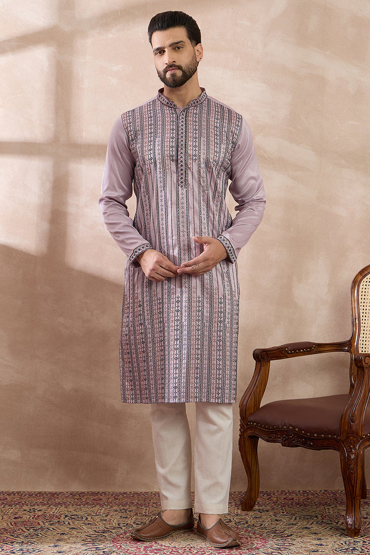 Lavender Silk Blend Embroidered Mandarin Collar Straight Kurta With Trouser | SHOBITAM