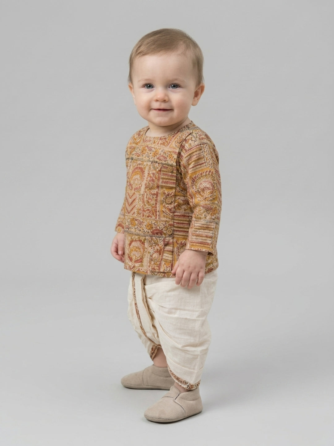 Boys Beige Ethnic Printed Cotton Angrakha Style Dhoti Set | SHOBITAM
