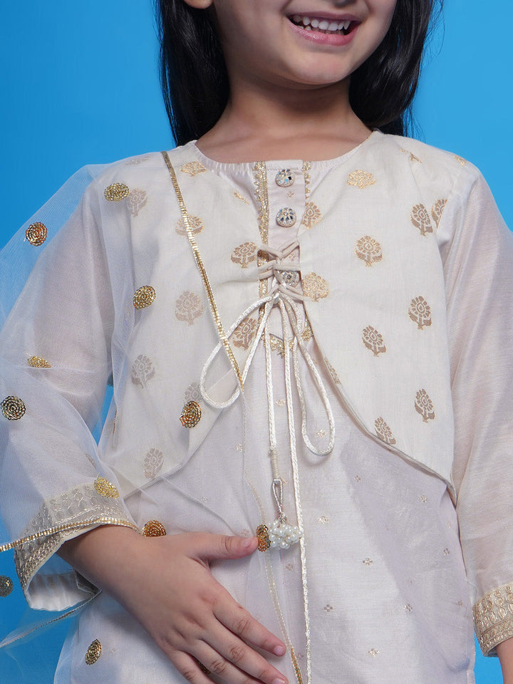 Girls Chanderi Cotton Three Fourth Sleeves Kurta with Attached Floral Jacket and Plazzo with Dupatta Adorned by Lace & Tussel work - Cream | SHOBITAM