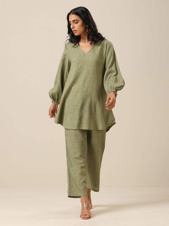 Sage Slub Textured Short Co-Ord Set | SHOBITAM