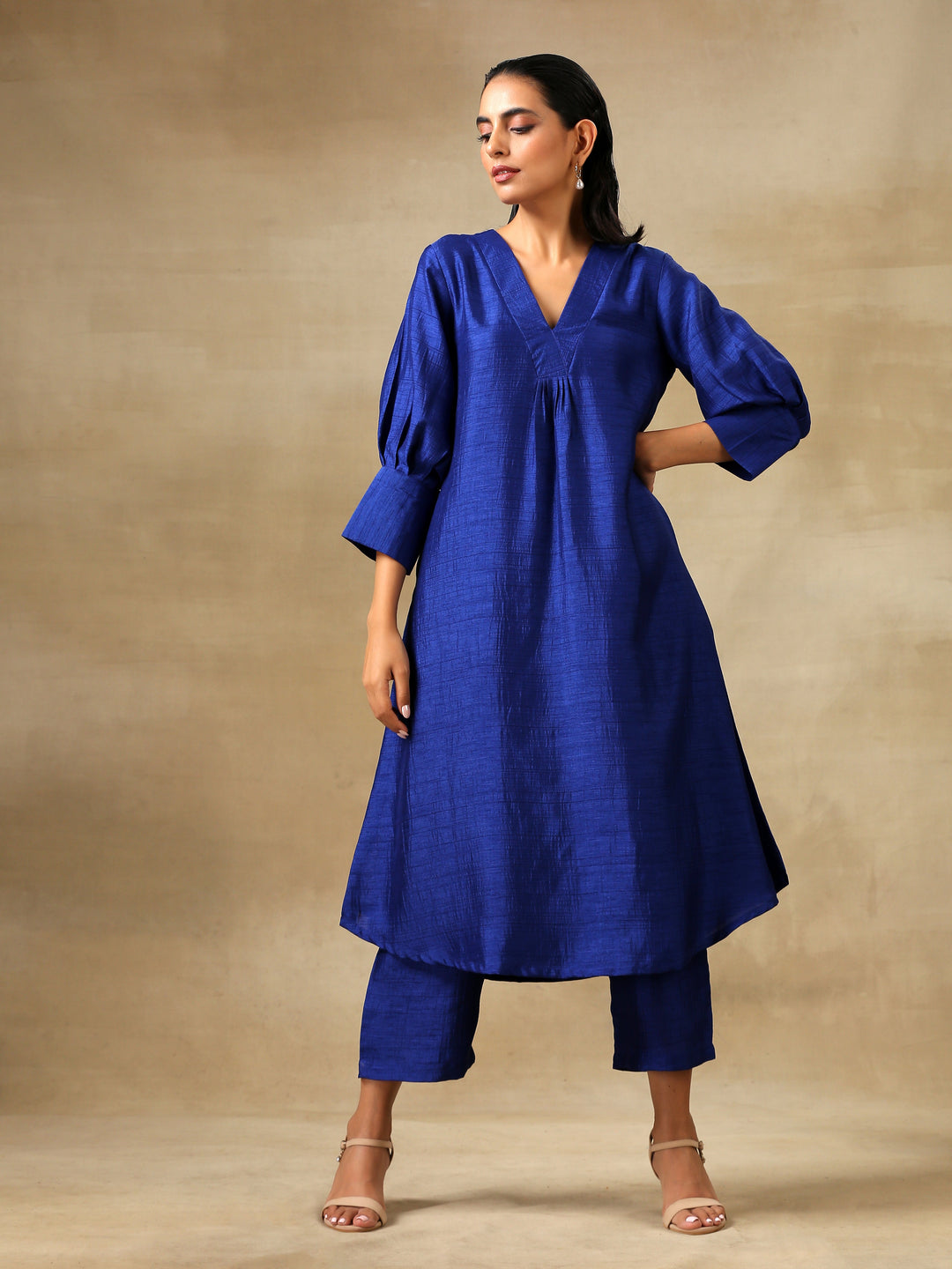 Blue Textured Silk Puff Sleeve Kurta Pant Set  | SHOBITAM