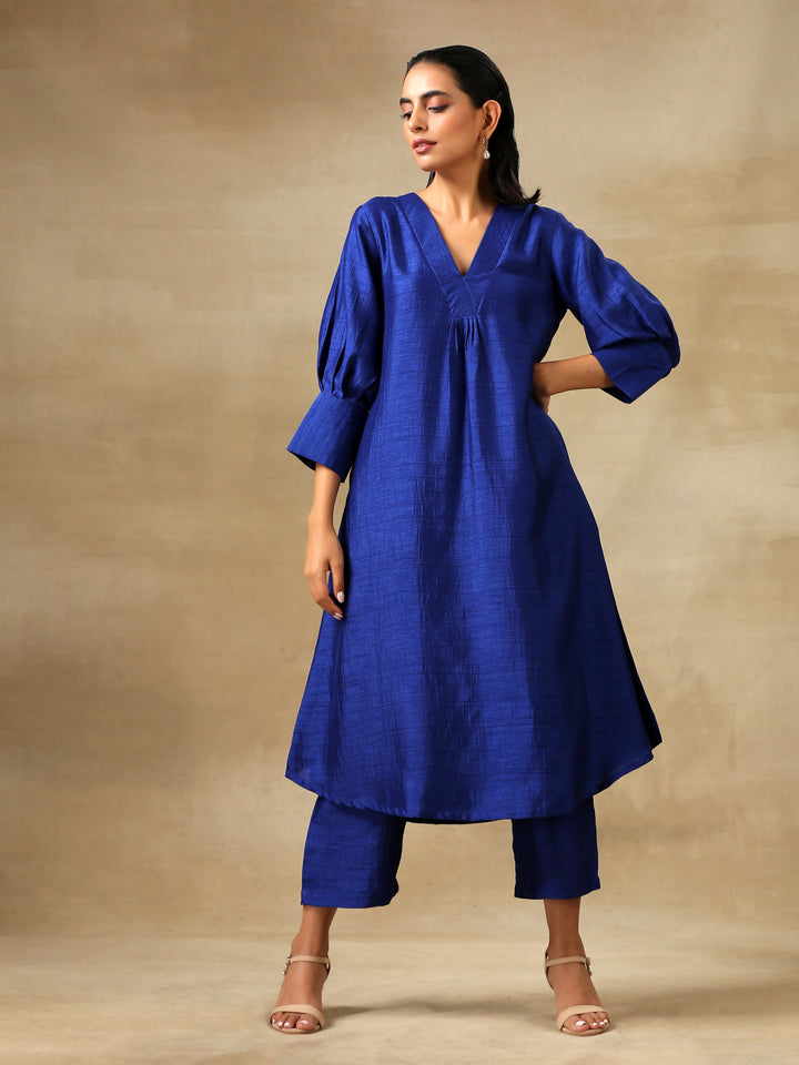 Blue Textured Silk Puff Sleeve Kurta Pant Set  | SHOBITAM