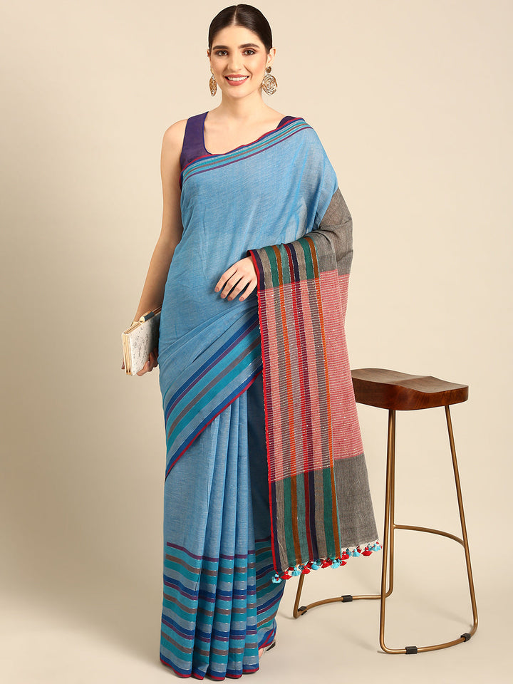 Blue Sequins Cotton Handloom Saree | SHOBITAM