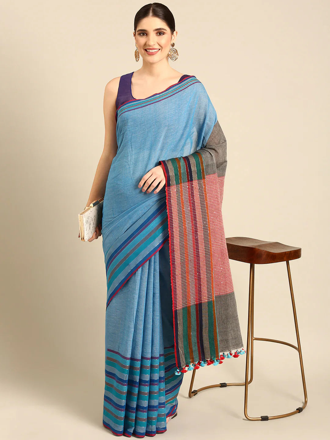 Blue Sequins Cotton Handloom Saree