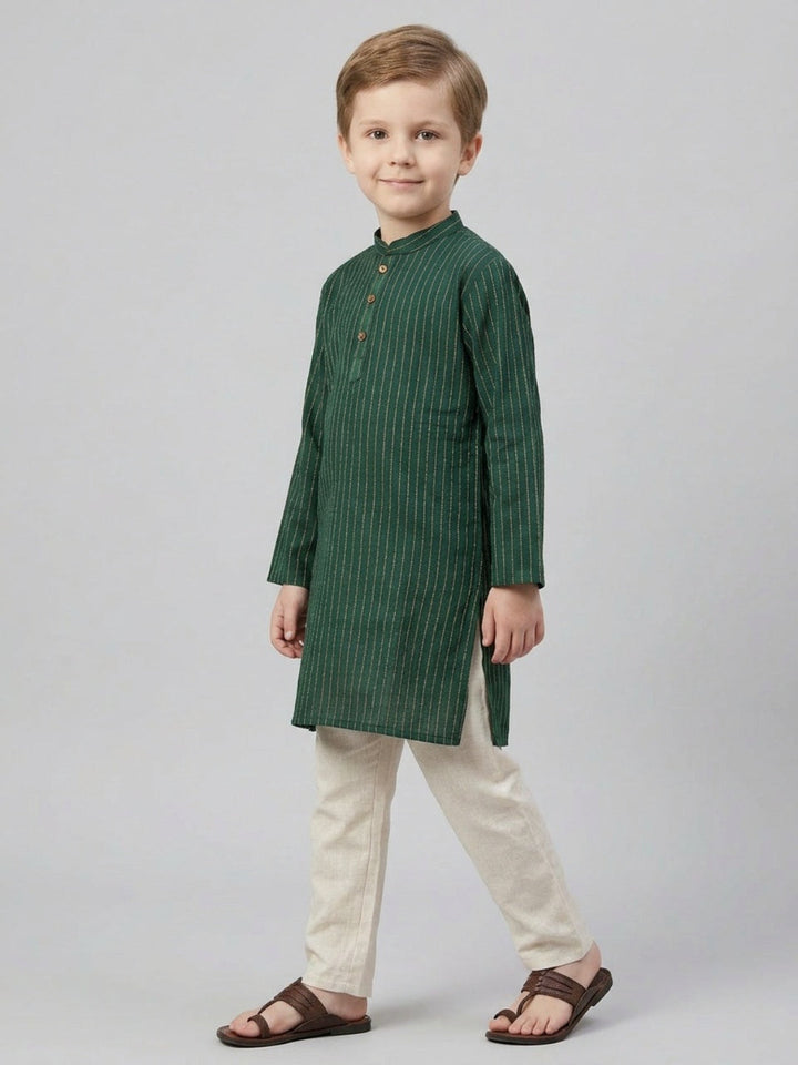 Boys Teal Green Striped Mandarin Collar Cotton Kurta Set | SHOBITAM