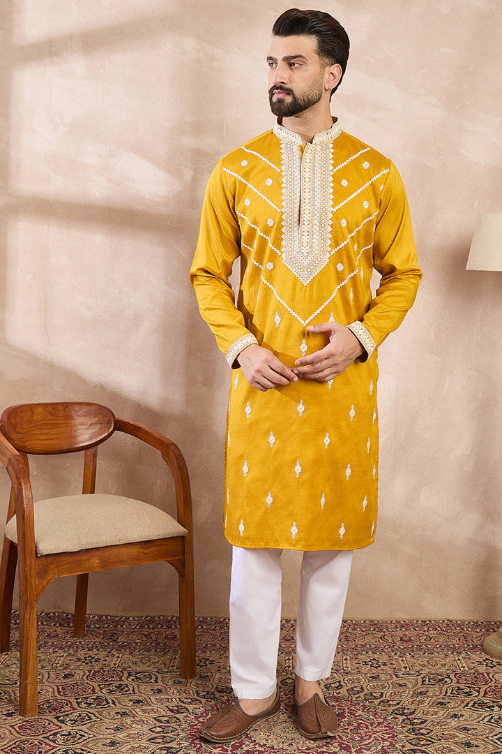 Yellow Silk Blend Ethnic Motifs Embroidered Straight Kurta | SHOBITAM