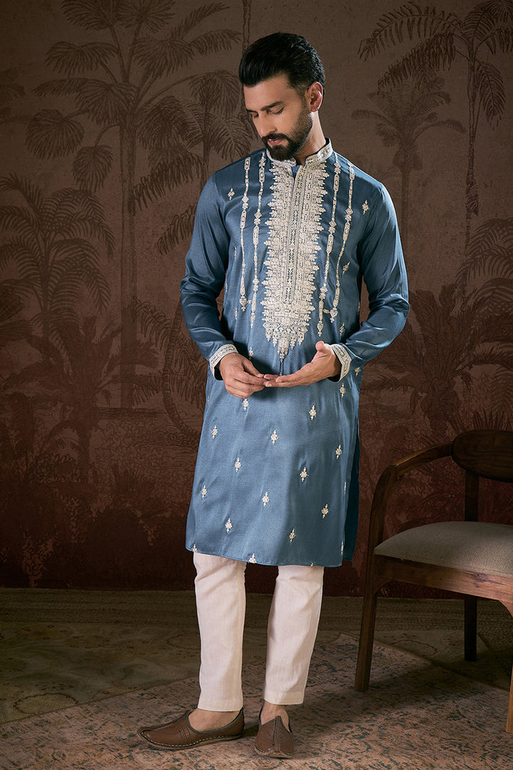 Blue Silk Blend Solid Embroidered Straight Kurta With Trouser | SHOBITAM