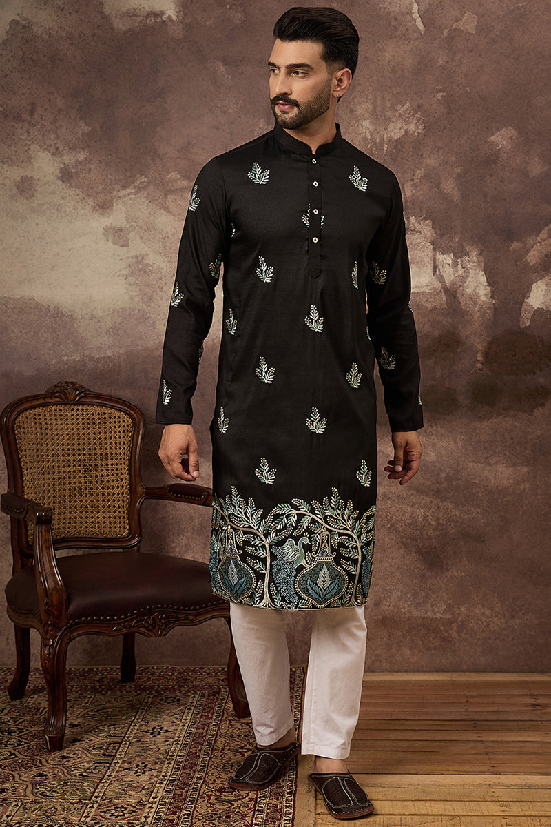 Black Silk Blend Solid Embroidered Straight Kurta with Trouser  | SHOBITAM