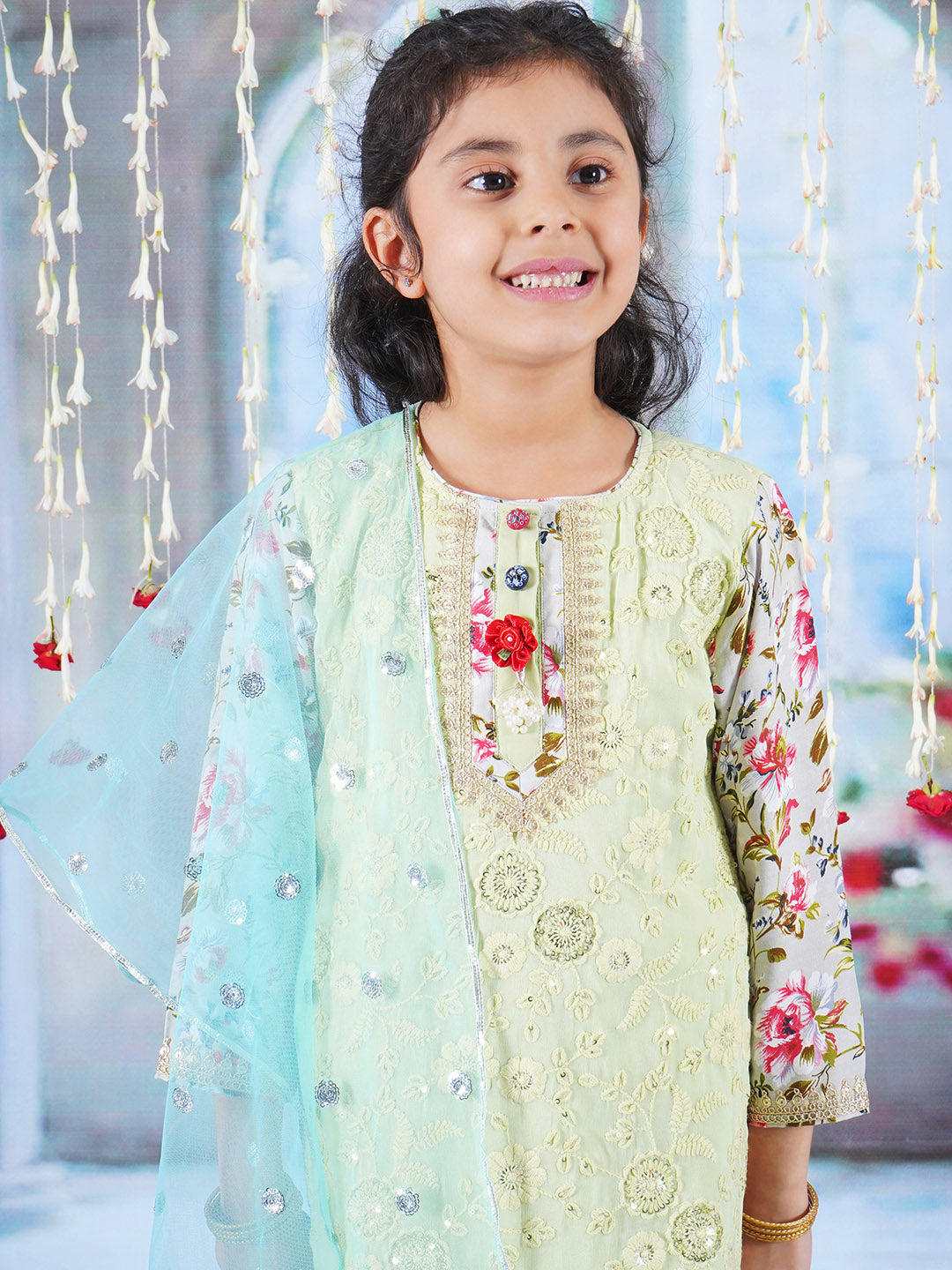 Girls Cotton Full Sleeves Kurta Sharara and Dupatta with Garden Rose Print, Floral Embroidery, Lace & Floral Work - Antique Green | SHOBITAM