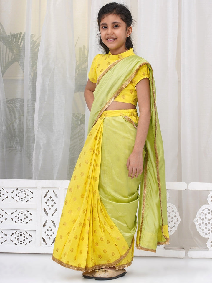 Girls Cotton Puff Sleeves Floral Embroidery Ready to wear Blouse with Ready to wear Chanderi Saree - Yellow & Green | SHOBITAM