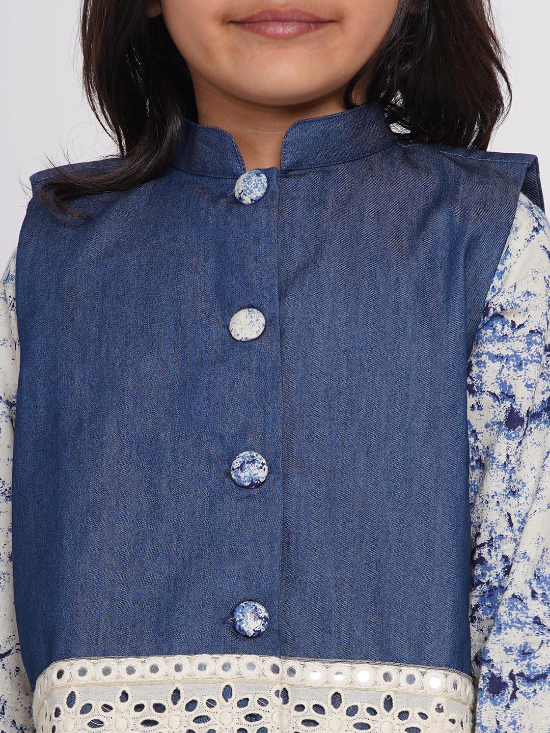 Girls Denim Jacket and Kurta with Patchwork Plazzo - Denim Blue  | SHOBITAM