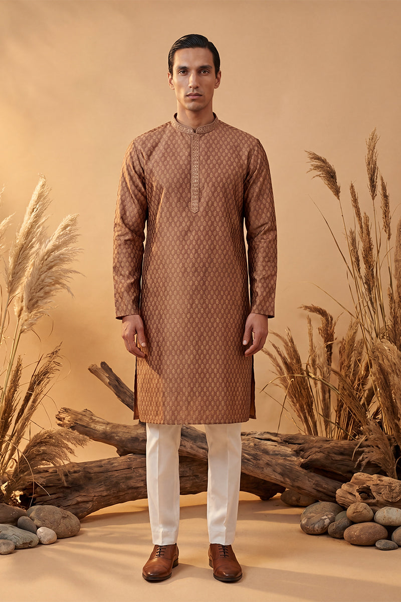 Mens Brown Jacquard Woven Design Straight Kurta With Trouser | SHOBITAM