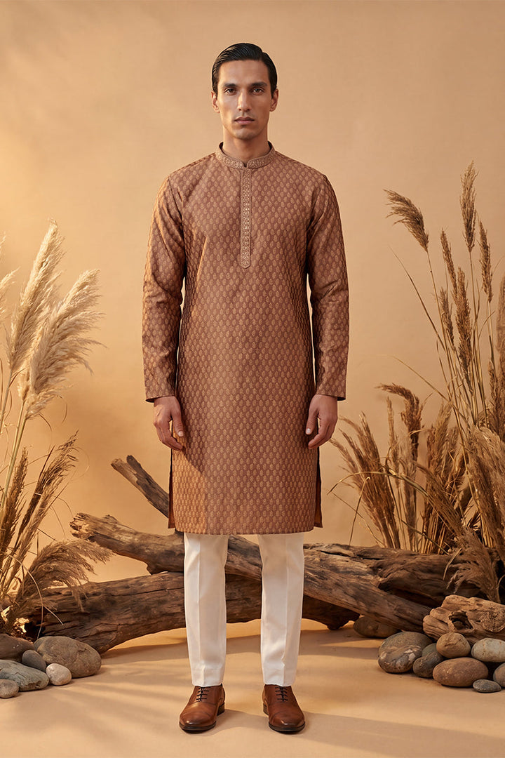 Mens Brown Jacquard Woven Design Straight Kurta With Trouser | SHOBITAM