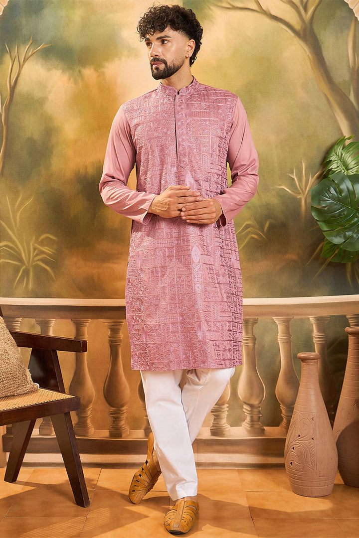 Mauve Silk Blend Solid Embroidered Straight Kurta | SHOBITAM