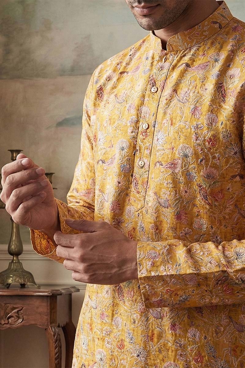 Mustard Silk Blend Printed Straight Kurta | SHOBITAM