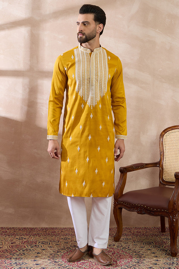 Yellow Silk Blend Embroidered Mandarin Collar Straight Kurta | SHOBITAM