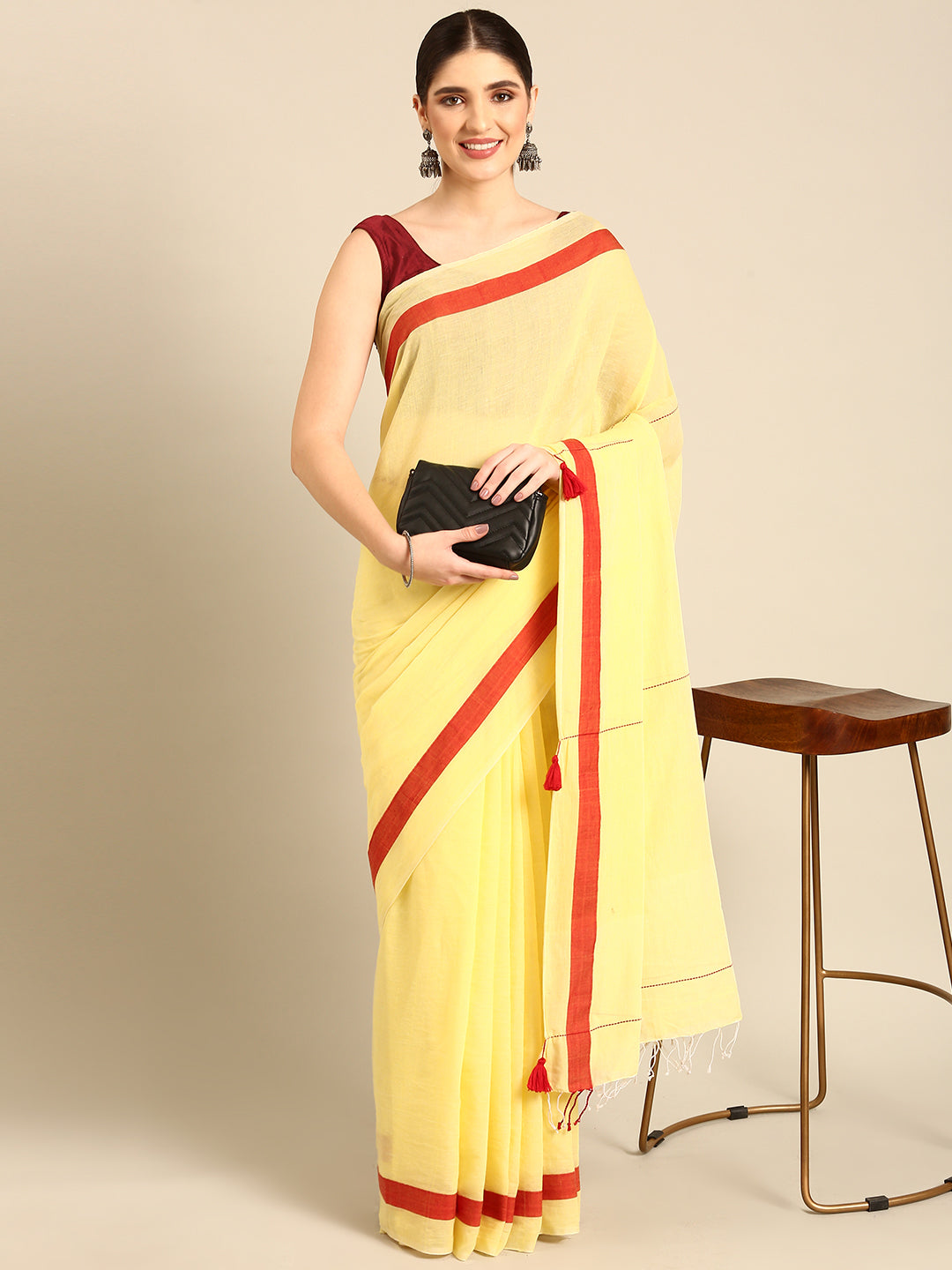 Handloom Solid Cotton Saree with Blouse Piece | SHOBITAM