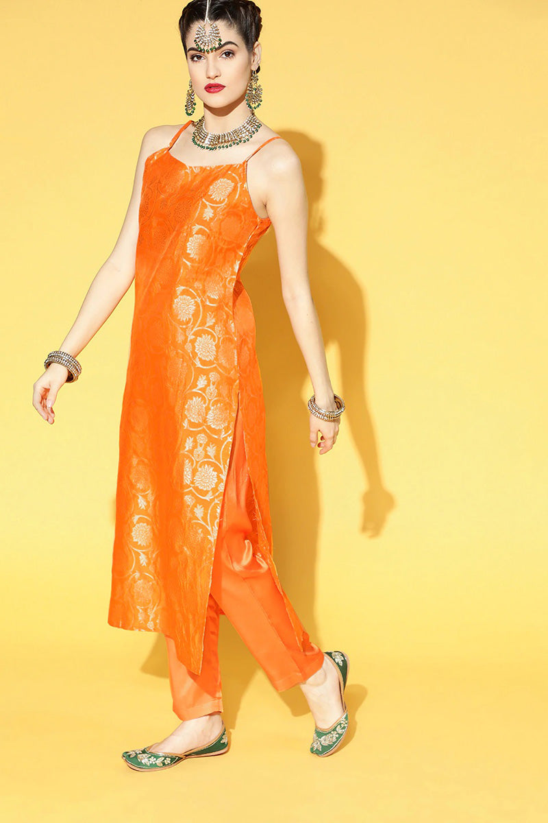 Orange Floral Cotton Kurta, Trouser Dupatta Set | SHOBITAM