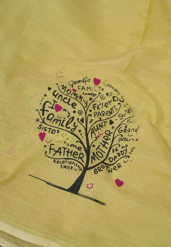 Butter Yellow Family Treehand block print Bamboo Cotton Saree | SHOBITAM