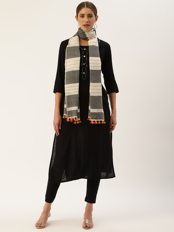 White and Black Cotton Striped Stole | SHOBITAM
