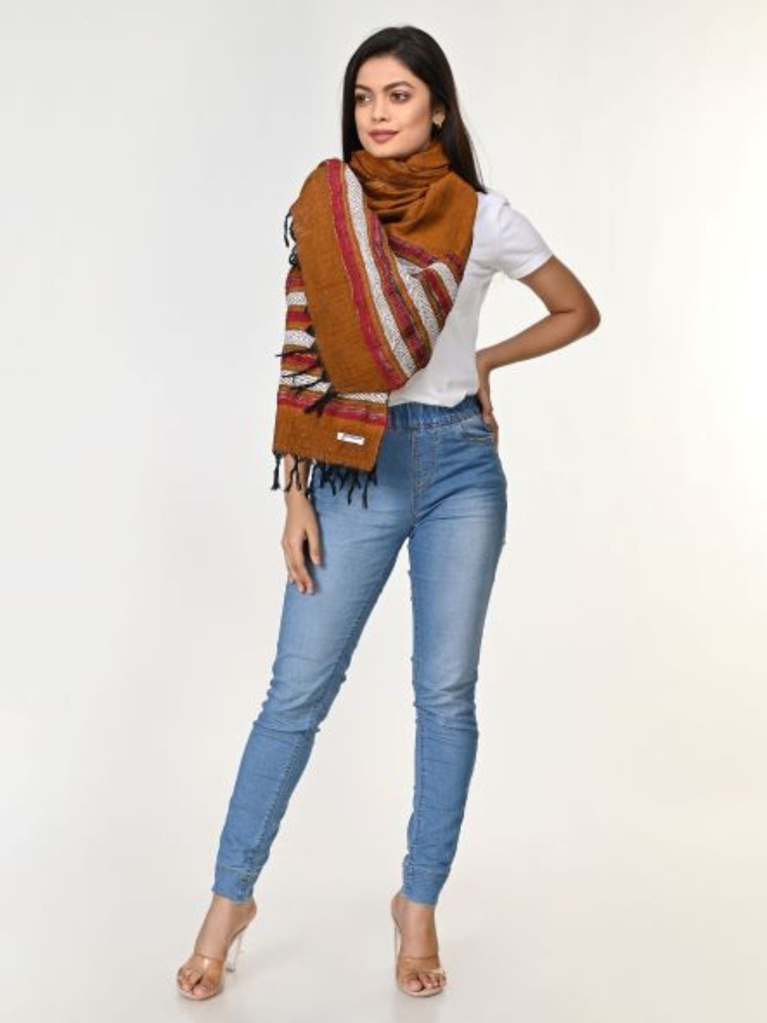 Brown Cream Khesh Kantha Cotton Stole | SHOBITAM