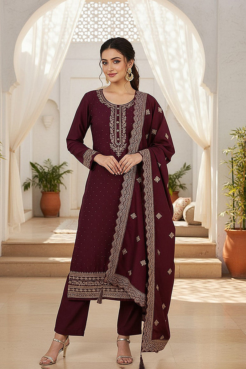 Burgundy Silk Blend Solid Straight Kurta Trousers With Dupatta  | SHOBITAM