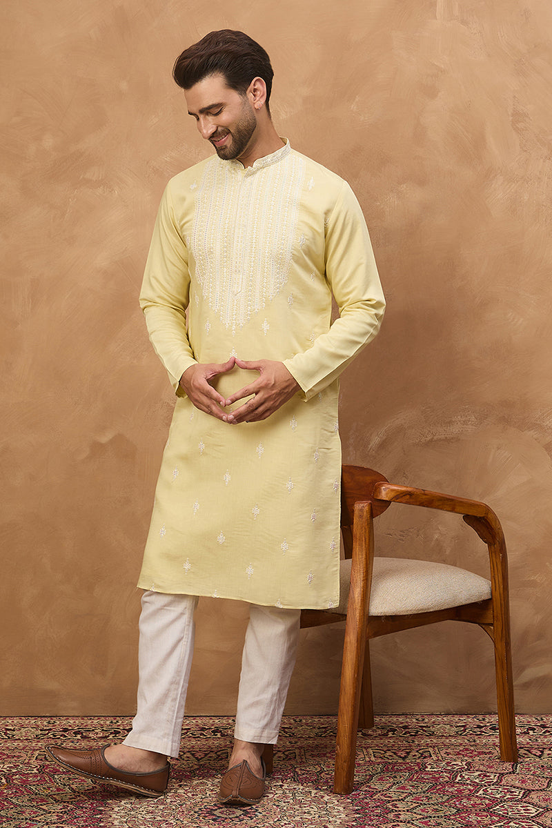 Yellow Silk Blend Solid Embroidered Straight Kurta | SHOBITAM
