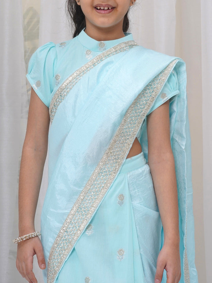 Girls Cotton Puff Sleeves Rose Embroidery Ready to wear Blouse with Ready to wear Chanderi Saree - Sky Blue | SHOBITAM