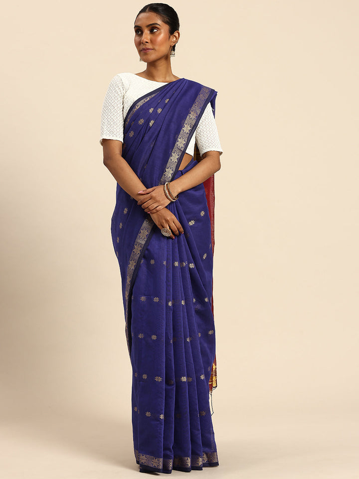 Blue & Red Zari Buti Silk Cotton Saree with blouse piece | SHOBITAM