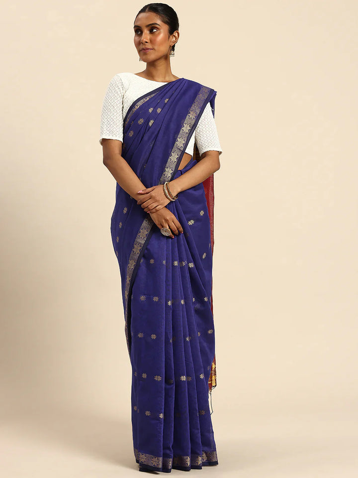 Blue and Red Zari Buti Silk Cotton Saree with Contrast Pallu and Blouse Piece